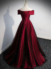 Evening Dresses Modest, Gorgeous Wine Red Satin Off Shoulder Party Dress , Wine Red Prom Dresses