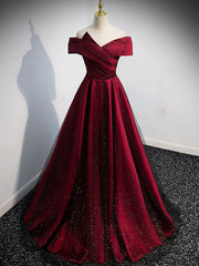 Evening Dress Gold, Gorgeous Wine Red Satin Off Shoulder Party Dress , Wine Red Prom Dresses