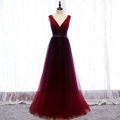 Off Shoulder Prom Dress, Gradient Beaded Wine Red Tulle Long Party Dress, A-line Wine Red Prom Formal Dresses