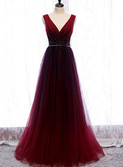 Glamorous Dress, Gradient Beaded Wine Red Tulle Long Party Dress, A-line Wine Red Prom Formal Dresses