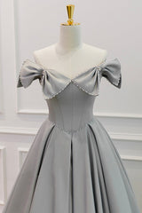 Bridesmaid Dress Color, Gray Satin Floor Length Formal Dress with Pearls, Cute A-Line Prom Dress