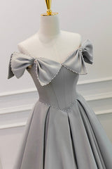 Bridesmaids Dresses Colors, Gray Satin Floor Length Formal Dress with Pearls, Cute A-Line Prom Dress