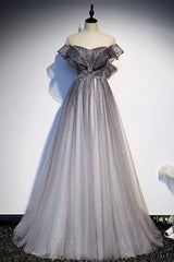 Party Dress For Night, Gray Scoop Neckline Tulle Long Formal Dress, A-Line Evening Graduation Dress