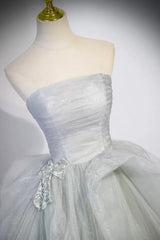Prom Dresses 2023 Cheap, Gray Strapless Long Formal Dress, Gray Tulle Evening Dress Party Dress