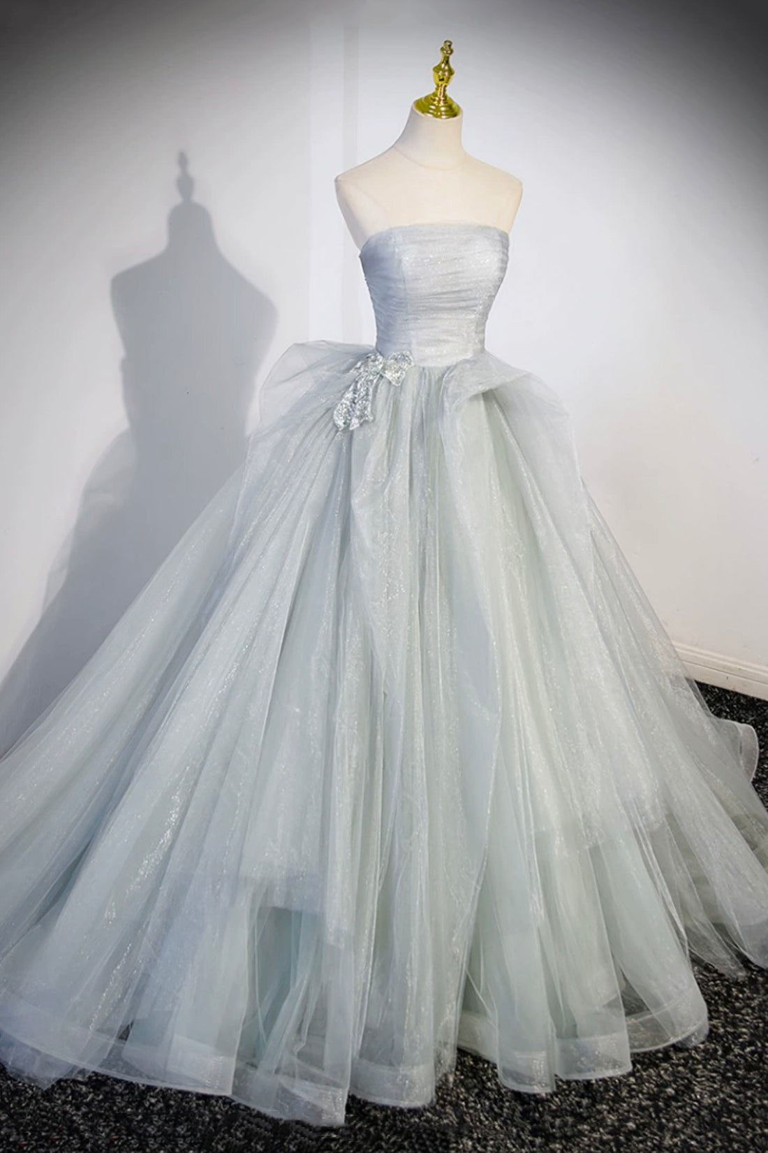 Prom Dresses Ballgown, Gray Strapless Long Formal Dress, Gray Tulle Evening Dress Party Dress