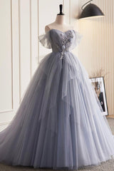 Wedding Shoes, Gray Tulle Long Prom Dress, Off Shoulder Evening Dress Party Dress