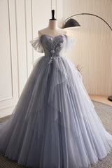 Dress Outfit, Gray Tulle Long Prom Dress, Off Shoulder Evening Dress Party Dress