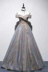 Flower Girl, Gray Tulle Sequins Long Prom Dress, Off Shoulder Evening Dress