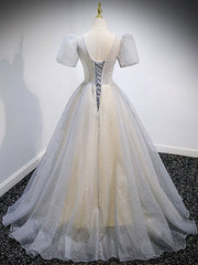 Homecoming Dresses For Girls, Gray v neck tulle sequin long prom dress, gray tulle formal dress