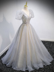 Homecomeing Dresses Short, Gray v neck tulle sequin long prom dress, gray tulle formal dress