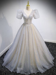 Homecoming Dresses For Girl, Gray v neck tulle sequin long prom dress, gray tulle formal dress