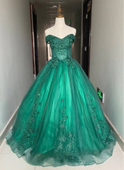 Prom Dresses Long Formal Evening Gown, Green Ball Gown Tulle Off Shoulder with Lace Applique, Green Sweet 16 Dress Party Dress