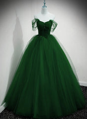 Prom Dresses 2020 Cheap, Green Beaded Tulle Off Shoulder Long Party Dress, Green Tulle A-line Prom Dress