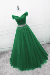 Party Dress For Baby, Green Off Shoulder Tulle Beaded A-line Formal Dress, Green Floor Length Long Prom Dress