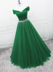 Black Dress Classy, Green Off Shoulder Tulle Beaded A-line Formal Dress, Green Floor Length Long Prom Dress