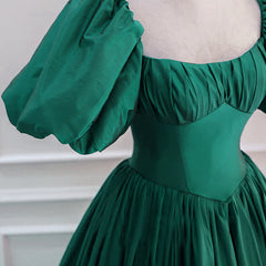 Prom Dresses Long Elegant, Green Puffy Sleeves Taffeta Long Formal Dress, Scoop Green Prom Dress Party Dress