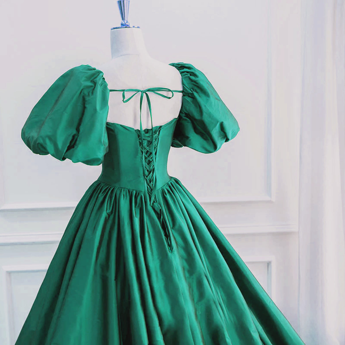 Prom Dress Long Elegent, Green Puffy Sleeves Taffeta Long Formal Dress, Scoop Green Prom Dress Party Dress