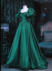 Prom Dresses 2024, Green Puffy Sleeves Taffeta Long Formal Dress, Scoop Green Prom Dress Party Dress