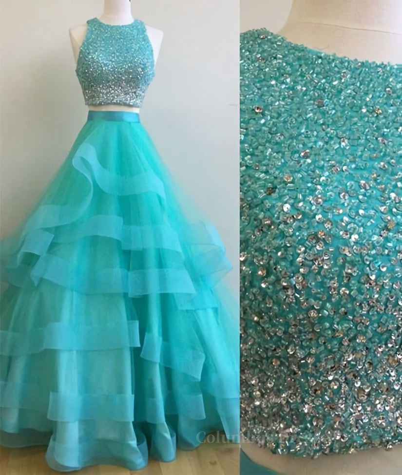 Homecomeing Dresses Long, Green Round Neck 2 Pieces Beaded Sequins Tulle Long Prom Dress, Green 2 Pieces Formal Dress, Green Evening Dress