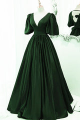 Prom Dresses White And Gold, Green Satin Short Sleeves Long Party Dress, Green Floor Length Evening Dress Prom Dress