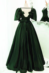Prom Dresses Brown, Green Satin Short Sleeves Long Party Dress, Green Floor Length Evening Dress Prom Dress