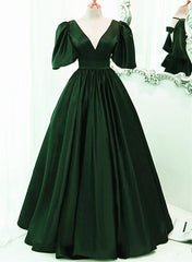 Black Prom Dress, Green Satin Short Sleeves Long Party Dress, Green Floor Length Evening Dress Prom Dress