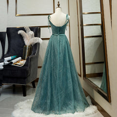 Prom Dress With Slit, Green Straps V-neckline Floor Length Party Dress, Simple Junior Prom Dresses