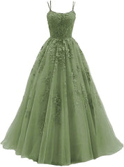 Evening Dresses Vintage, Green Tulle with Lace Applique Formal Gown, Green Evening Prom Dress