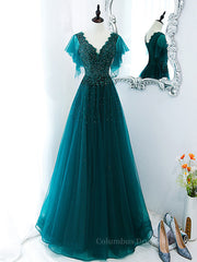 Party Dress Outfit Ideas, Green v neck tulle beads long prom dress, green tulle formal dress