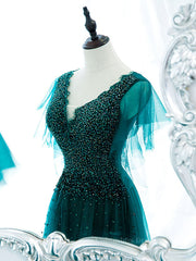 Party Dress Outfits Ideas, Green v neck tulle beads long prom dress, green tulle formal dress