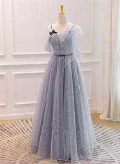 Party Dress 2023, Grey A-line Straps Tulle Floor Length Party Dress, Grey Evening Dress Graduation Dress