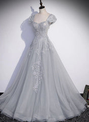 Grad Dress, Grey A-line Tulle Short Sleeves Long Formal Dress, Grey Tulle Lace Party Dress Prom Dress