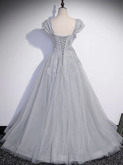 Bridesmaid Dresses Formal, Grey A-line Tulle Short Sleeves Long Formal Dress, Grey Tulle Lace Party Dress Prom Dress