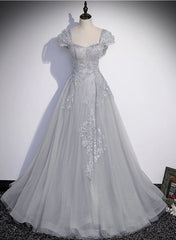 Gold Dress, Grey A-line Tulle Short Sleeves Long Formal Dress, Grey Tulle Lace Party Dress Prom Dress