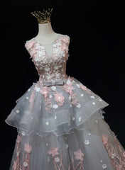 Party Dress And Gown, Grey Flowers Round Neckline Tulle with Lace Party Dress, Grey Sweet 16 Dress