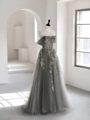 Strapless Dress, Grey Off Shoulder Tulle with Lace Applique Long Party Dress,Grey Prom Dress