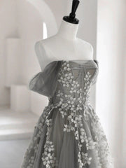 Cocktail Dress Prom, Grey Off Shoulder Tulle with Lace Applique Long Party Dress,Grey Prom Dress