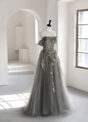 Long Dress Formal, Grey Off Shoulder Tulle with Lace Applique Long Party Dress,Grey Prom Dress