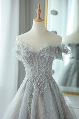 Elegant Wedding Dress, Grey Tulle Sweetheart Party Dress, A-Line Tulle Floor Length Prom Dress Evening Dress