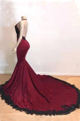 Formal Dress Attire For Wedding, Burgundy Halter Deep V Neck Mermaid Prom Dress with Lace, Long Evening Gown