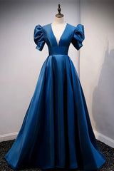 Vacation Dress, Blue V Neck Satin Short Sleeves Long Prom Dress Blue Satin Evening Dress