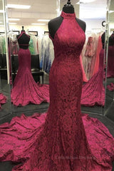 Bridesmaid Dresses Mismatched, High Neck Backless Burgundy Lace long Prom Dress, Long Burgundy Lace Formal Evening Dress, Burgundy Ball Gown