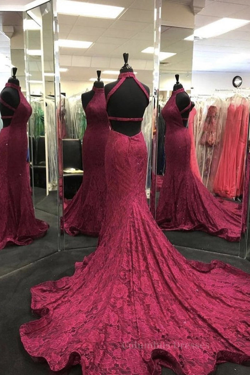 Bridesmaid Dress Trends, High Neck Backless Burgundy Lace long Prom Dress, Long Burgundy Lace Formal Evening Dress, Burgundy Ball Gown