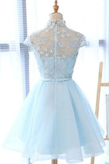 Prom Dress Trends 2029, High Neck Short Blue Lace Prom Dresses, Short Blue Lace Graduation Homecoming Dresses