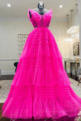 Prom Dress Online, Hot Pink Tulle Long Prom Dresses, Hot Pink Long Formal Graduation Dresses
