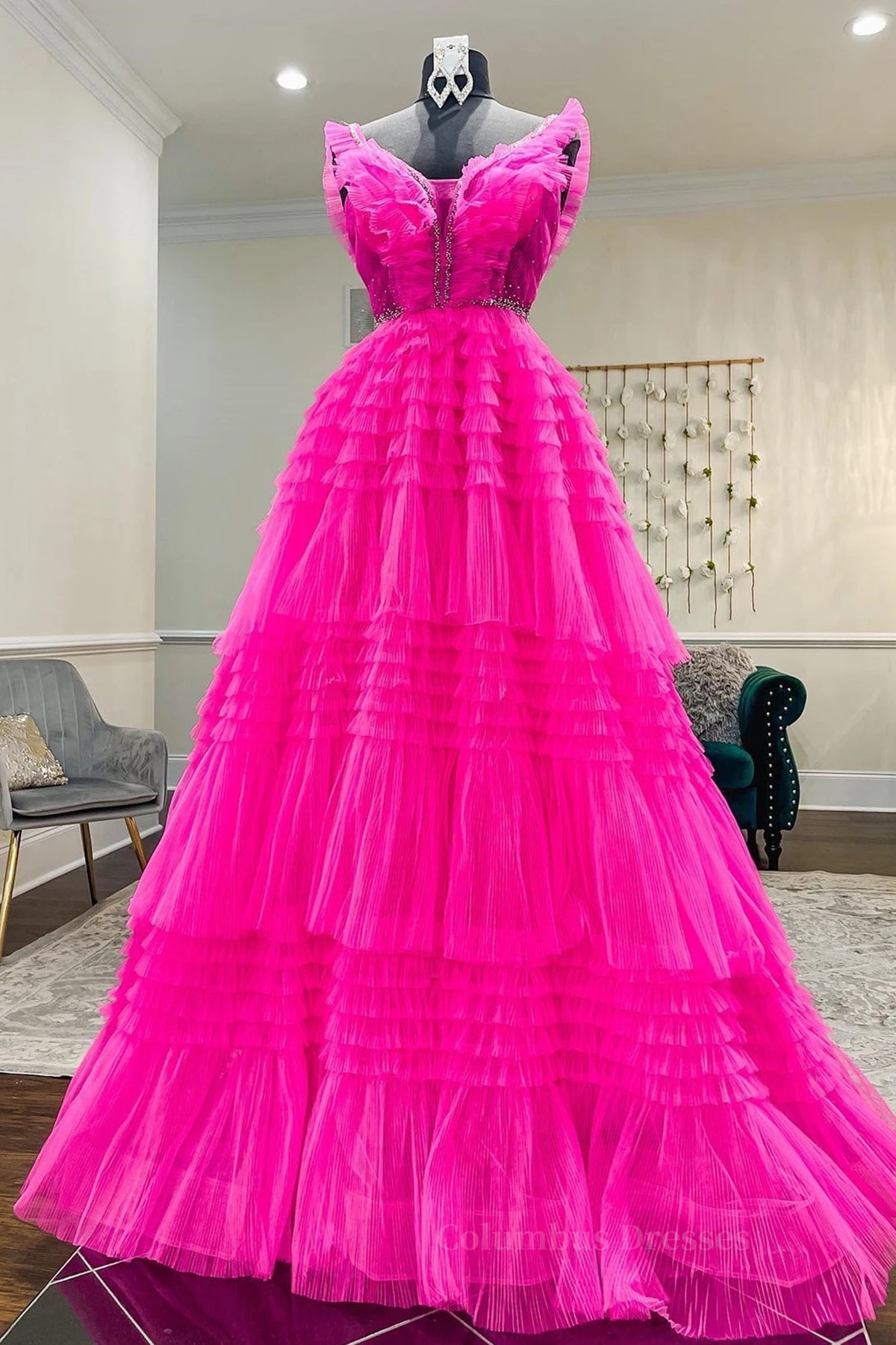 Prom Dresses Floral, Hot Pink Tulle Long Prom Dresses, Hot Pink Long Formal Graduation Dresses