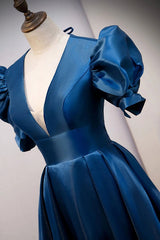 Dress To Impression, Blue V Neck Satin Short Sleeves Long Prom Dress Blue Satin Evening Dress