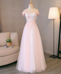 Party Dress Ball, Light Pink Lace Off Shoulder Lonng Prom Dress, Pink Evening Dress