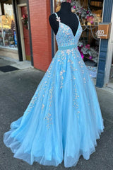 Prom Dress Off The Shoulder, Light Blue Appliques V-Neck Belted A-Line Prom Dress