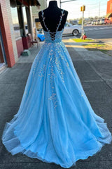 Prom Dress Long Quinceanera Dresses Tulle Formal Evening Gowns, Light Blue Appliques V-Neck Belted A-Line Prom Dress